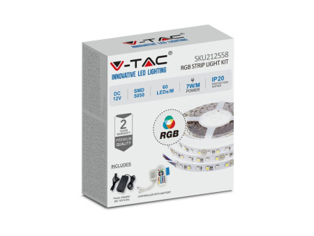 SKU 212558 VT-5050-60-IP20-RGB-Set V-TAC Kit Strip LED SMD5050 10W/m Bobina 5m 60 LED/m Telecomando Alimentatore RGB Dimmerabile