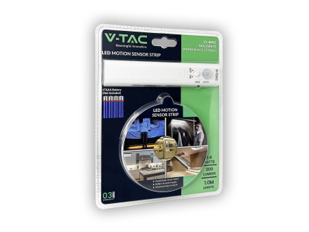 SKU 212573 V-TAC Strip LED SMD2835 2,4W 1m 30 LED/m 6V a Batteria con Sensore di movimento 2700K IP20