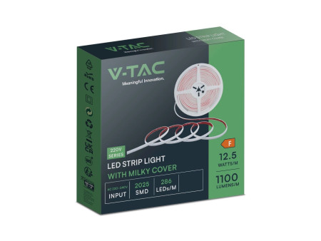SKU 23716 VT-2025-286-5M V-TAC Strip LED 220V SMD2025 12.5W/m 5m 286 LED/m effetto COB con Spina 4000K IP65 10mm