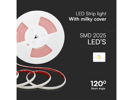 SKU 23716 VT-2025-286-5M V-TAC Strip LED 220V SMD2025 12.5W/m 5m 286 LED/m effetto COB con Spina 4000K IP65 10mm