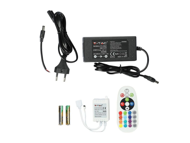 SKU 2558 VT-5050 60 IP20-RGB V-TAC Kit Strip LED SMD5050 5W/m Bobina 5m 60 LED/m Telecomando Alimentatore RGB Dimmerabile IP20