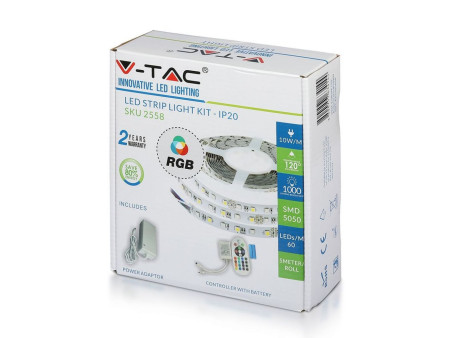 SKU 2558 VT-5050 60 IP20-RGB V-TAC Kit Strip LED SMD5050 5W/m Bobina 5m 60 LED/m Telecomando Alimentatore RGB Dimmerabile IP20