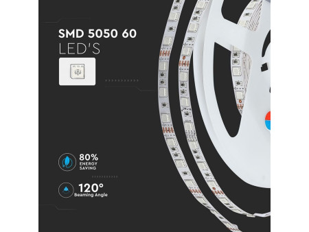 SKU 2558 VT-5050 60 IP20-RGB V-TAC Kit Strip LED SMD5050 5W/m Bobina 5m 60 LED/m Telecomando Alimentatore RGB Dimmerabile IP20
