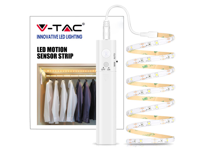 SKU 2573 VT-8082 V-TAC Strip LED SMD2835 2,4W 1m 30 LED/m 6V a Batteria con Sensore di movimento 3000K IP65