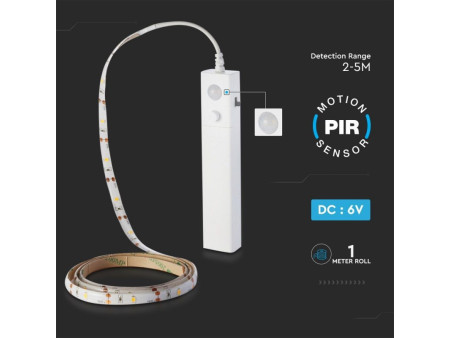 SKU 2574 VT-8082 V-TAC Strip LED SMD2835 2,4W 1m 30 LED/m 6V a Batteria con Sensore di movimento 4000K IP65