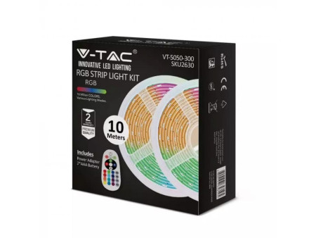 SKU 2630 VT-5050-300 V-TAC Kit Strip LED SMD5050 4,8W/m 30 LED/m RGB 2x5metri con Telecomando e Alimentatore