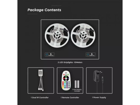 SKU 2630 VT-5050-300 V-TAC Kit Strip LED SMD5050 4,8W/m 30 LED/m RGB 2x5metri con Telecomando e Alimentatore