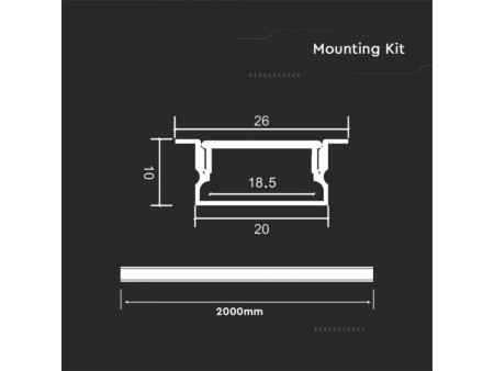 SKU 23175 VT-8203 V-TAC Profilo Lineare Incasso per Strip LED fino a 18.5mm, Alluminio Silver Copertura Opaca 2000x10x26mm