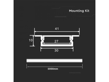 SKU 23177 VT-8205 V-TAC Profilo Lineare Incasso per Strip LED fino a 27mm, Alluminio Silver Copertura Opaca 2000x10x41mm