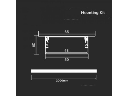 SKU 23179 VT-8207 V-TAC Profilo Lineare da Incasso Strip LED fino a 48mm, Alluminio Silver Copertura Opaca 2000x20x65mm