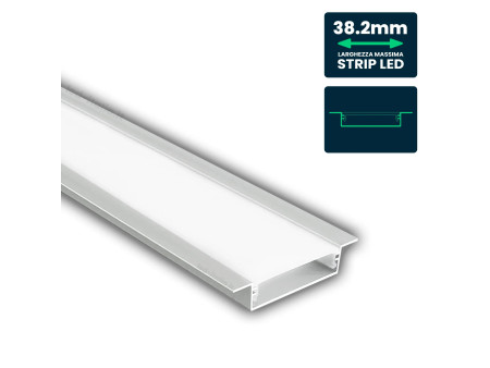 SKU 24101 VT-71002 V-TAC Profilo Lineare Incasso Strip LED fino a 38.2mm, Alluminio Silver Copertura Opaca 2000x55x9.8mm