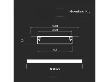 SKU 24101 VT-71002 V-TAC Profilo Lineare Incasso Strip LED fino a 38.2mm, Alluminio Silver Copertura Opaca 2000x55x9.8mm