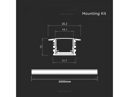 SKU 24105 VT-71006 V-TAC Profilo Lineare Incasso per Strip LED fino a 14.1mm, Alluminio Silver Copertura Opaca 2000x17.7x13mm