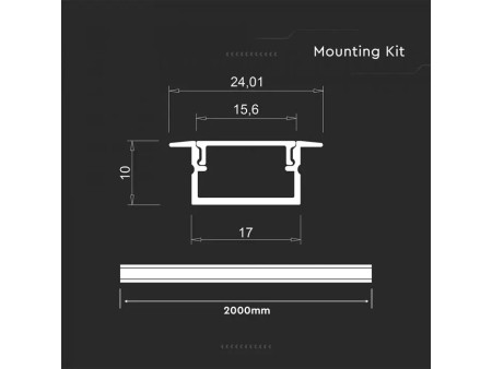 SKU 24106 VT-71007 V-TAC Profilo Lineare Incasso Strip LED fino a 15.6mm, Alluminio Silver Copertura Opaca 2000x24x10mm