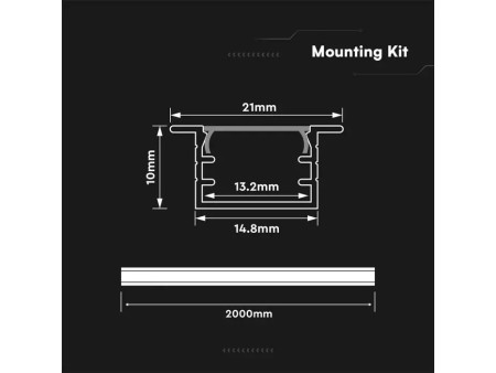 SKU 24297 VT-81130 V-TAC Profilo Lineare Incasso per Strip LED fino a 13.2mm, Alluminio Silver Copertura Opaca 2000x21x10mm