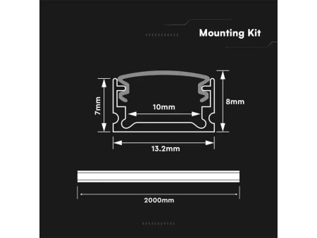 SKU 24300 VT-81133 V-TAC Profilo Lineare per Strip LED fino a 10mm, Alluminio Silver Copertura Opaca 2000x13.2x7mm