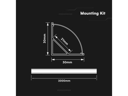 SKU 24302 VT-81135 V-TAC Profilo Angolare Strip LED fino a 21mm, Alluminio Silver Copertura Opaca 2000x30x30mm
