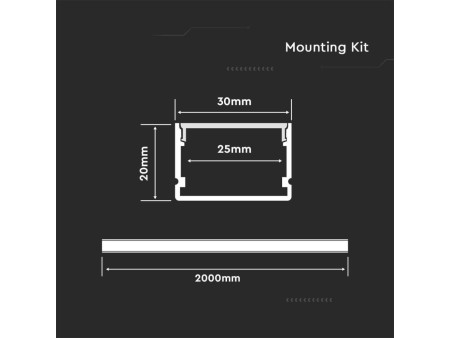 SKU 3371 VT-8118 V-TAC Profilo Lineare Strip LED fino a 25mm, Alluminio Silver Copertura Opaca 2000x30x20mm