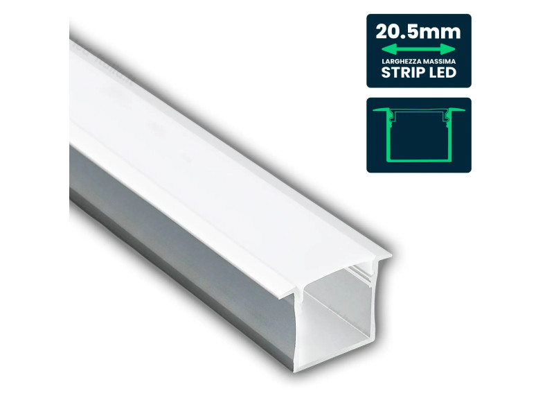 SKU 3372 VT-8119 V-TAC Profilo Lineare Incasso Strip LED fino a 20.5mm, Alluminio Silver Copertura Opaca 2000x30x20.5mm