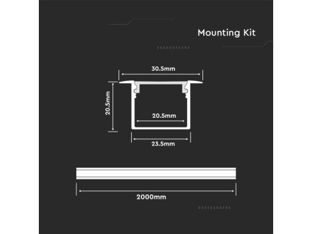 SKU 3372 VT-8119 V-TAC Profilo Lineare Incasso Strip LED fino a 20.5mm, Alluminio Silver Copertura Opaca 2000x30x20.5mm