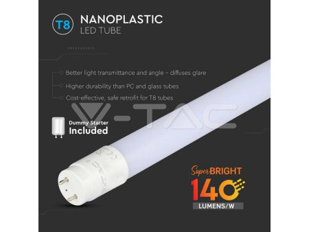 SKU 216474 VT-1607 V-TAC Tubo LED T8 7W G13 60cm 140LM/W in Nanoplastica Incluso Starter Non Ruotabile 3000K