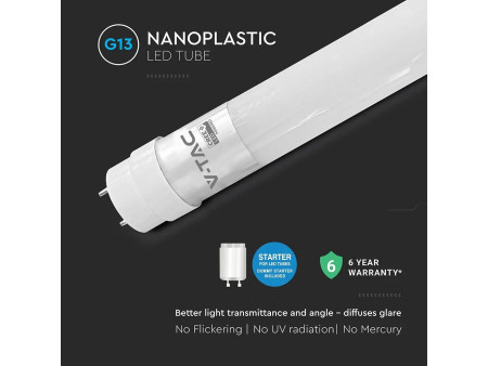 SKU 216536 VT-121 V-TAC PRO Tubo LED Chip CREE T8 18W 100LM/W G13 120cm in Nanoplastica Ruotabile 3000K