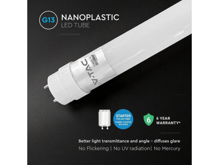 SKU 240656 VT-007 V-TAC PRO Tubo LED Chip CREE T8 7W 100LM/W G13 60cm in Nanoplastica Non Ruotabile 6500K