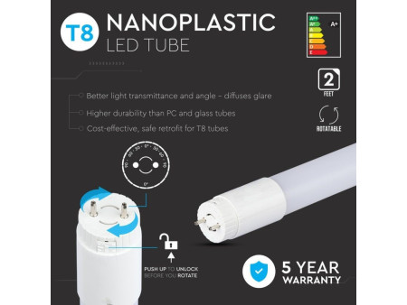 SKU 652 VT-061 V-TAC PRO Tubo LED Chip Samsung T8 10W G13 60cm in Nanoplastica 6400K