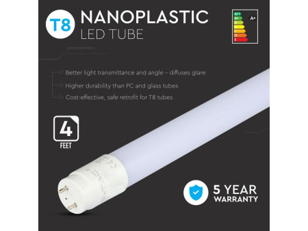 SKU 655 VT-121 V-TAC PRO Tubo LED Chip Samsung T8 18W G13 120cm in Nanoplastica 6400K
