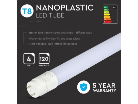 SKU 672 VT-122 V-TAC PRO Tubo LED Chip Samsung T8 18W 125LM/W G13 120cm in Nanoplastica 4000K