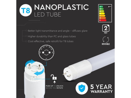 SKU 687 VT-062 V-TAC PRO Tubo LED Chip Samsung T8 10W 110LM/W G13 60cm In Nanoplastica Ruotabile 6400K