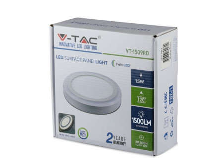 SKU 4895 VT-1509RD V-TAC Pannello a Doppio LED 12W+3W Montaggio a Plafone Rotondo 6000K