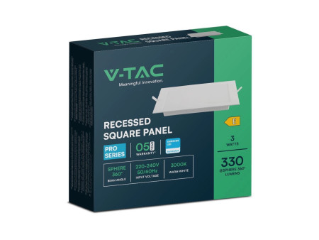 SKU 104791 VT-61003 V-TAC PRO Mini Pannello LED Chip Samsung 3W Quadrato da Incasso (Foro 75-80mm) Bianco 6500K