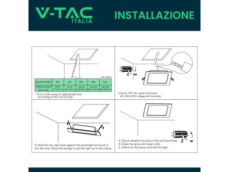 SKU 10483 VT-61012 V-TAC Mini Pannello LED 12W Quadrato da Incasso (Foro 150-155mm) Bianco 3000K