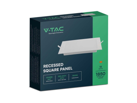 SKU 10486 VT-61018 V-TAC Mini Pannello LED 18W 100LM/W Quadrato da Incasso (Foro 200-205mm) Bianco 3000K