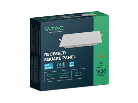 SKU 104881 VT-61018 V-TAC PRO Mini Pannello LED Chip Samsung 18W Quadrato da Incasso (Foro 200-205mm) Bianco 6500K