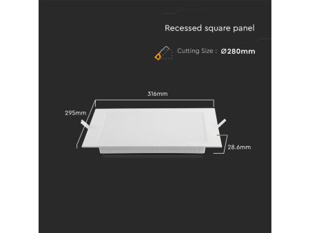 SKU 10489 VT-61024 V-TAC Mini Pannello LED 24W 110LM/W Quadrato da Incasso (Foro 275-280mm) Bianco 3000K