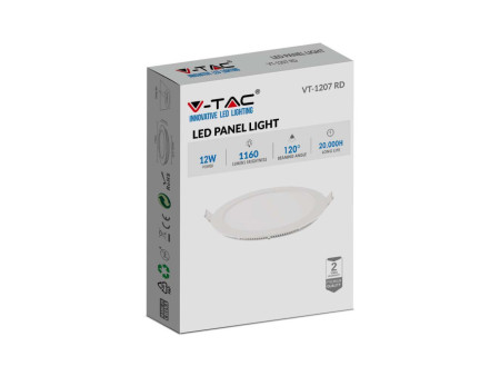 SKU 214857 VT-1207 V-TAC Mini Pannello LED 12W 100LM/W Rotondo da Incasso (Foro 155mm) Bianco 2700K