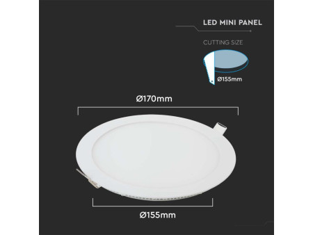 SKU 214857 VT-1207 V-TAC Mini Pannello LED 12W 100LM/W Rotondo da Incasso (Foro 155mm) Bianco 2700K