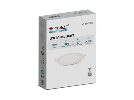 SKU 214862 VT-1807 V-TAC Mini Pannello LED 18W Rotondo da Incasso (Foro 210mm) Bianco 6500K