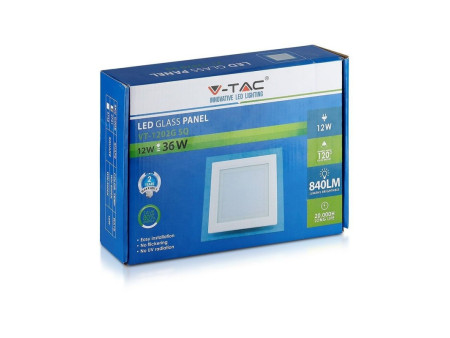 SKU 6278 VT-1202G V-TAC Mini Pannello LED 12W Quadrato da Incasso in Vetro 4000K