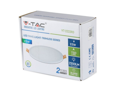 SKU 4939 VT-2222RD V-TAC Mini Pannello LED 22W 100LM/W Rotondo da Incasso 6400K