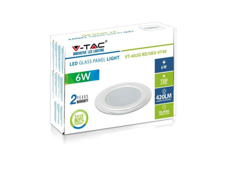 SKU 6277 VT-602G RD V-TAC Mini Pannello LED 6W Rotondo da Incasso in Vetro 4000K