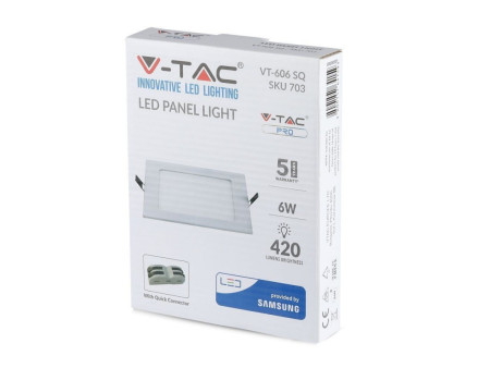 SKU 705 VT-606SQ V-TAC PRO Mini Pannello LED Chip Samsung 6W Quadrato da Incasso 6400K