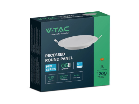 SKU 78611 VT-61012 V-TAC PRO Mini Pannello LED Chip Samsung 12W Rotondo da Incasso (Foro 150-155mm) Bianco 3000K