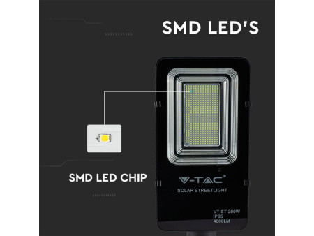 SKU 95509 VT-ST200 V-TAC Armatura Stradale LED SMD 50W con Pannello Solare e Telecomando, Cavo 1m Colore Nero 6000K IP65