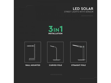 SKU 24099 VT-ST20CCT V-TAC Armatura Stradale Solare LED SMD 20W 150LM/W Sensore PIR Nera CCT IP65