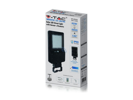 SKU 5504 VT-ST42 V-TAC Armatura Stradale LED SMD 40W 120LM/W Pannello Solare, Sensore PIR e Telecomando, Colore Nero 6000K IP65