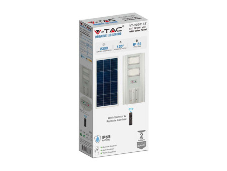 SKU 6755 VT-20201 V-TAC Armatura Stradale LED SMD 200W Pannello Solare Da 30W e Telecomando, Sensore, Colore Bianco 4000K IP65