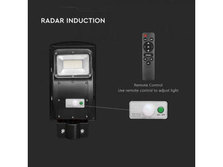 SKU 95532 VT-ST63W V-TAC Armatura Stradale LED 6W Pannello Solare e Telecomando, Sensore Radar e Batteria LiFePO4 6000K IP65